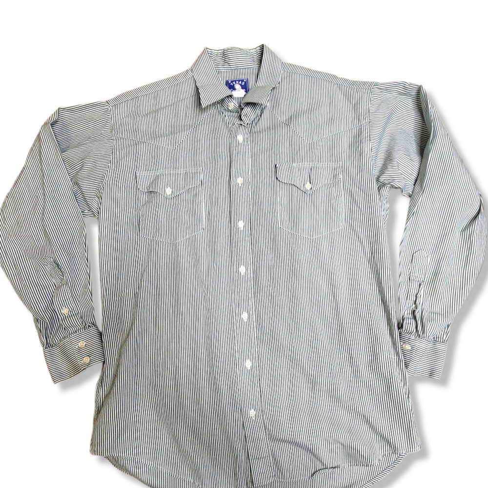Men's Vintage Texas Cotton Button Down Shirt Large Green and White Striped